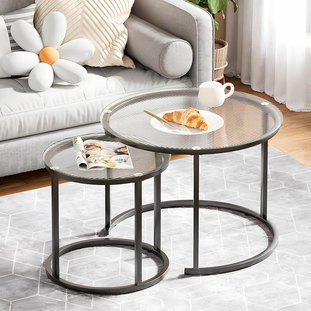 aboxoo Gold Nesting Coffee Table Set of 2, Small Glass Round Nesting Tables for Living Room Bedroom, Accent Tea Table with Black Metal Frame Modern Industrial Simple, 23.6 x 23.6 x 17.7 inches