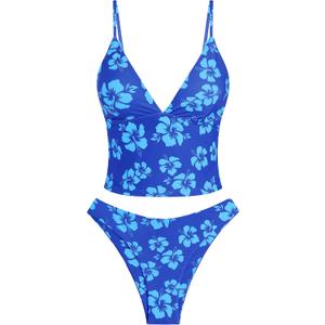 ZAFUL Women's Spaghetti Strap Tankini Swimsuits V Neck Tummy Control Tie Side Thong Bikini Swimsuits 2 Piece Bathing Suits (Blue, S)