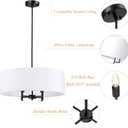 20" Black Drum Chandelier, 4-Light Modern Farmhouse Pendant Light Fixture with White Fabric Shade, Adjustable Hanging Height Chandeliers for Dining Room, Living Room, Bedroom, Entryway, Kitchen