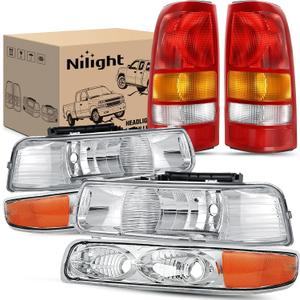 Nilight Headlight and Taillight Assembly Combo Compatible with 1999 2000 2001 2002 Chevy Silverado Fleetside only OE Style Chrome Housing Amber Reflector with Red Housing Tail Lights