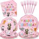 96Pcs Cat Birthday Party Supplies Cats Themed Plates and Napkins Pink Kitten Happy Birthday Tableware Set for Girls Pink Cat Baby Shower Party Supplies Serves 24