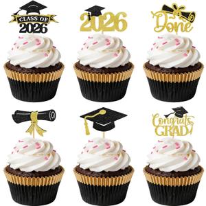 AXEN 48Pcs 2026 Graduation Cupcake Toppers, Class of 2026 Cupcake Topper Graduation Party Decorations Supplies - Black&Gold