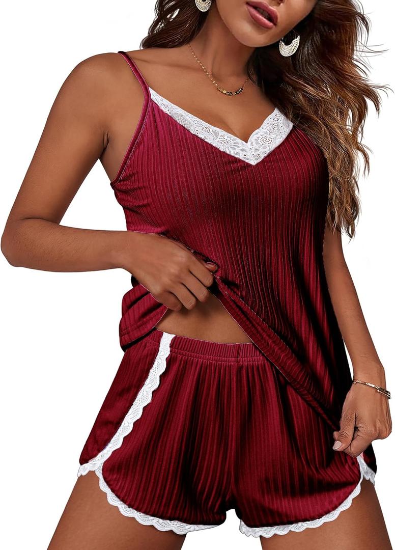 Ekouaer Womens Pajama Sets Soft Lingerie Sleepwear 2 Piece Cami Shorts Set V Neck Pj Lace Nightwear (S)