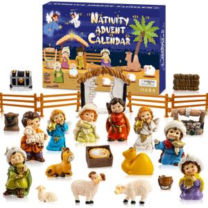 Nativity Advent Calendar 2025, 24pcs Resin Nativity Scene Figurines Set for Men Women Christmas Advent Countdown Calendar Christian Religious Gifts for Kids (Yellow)