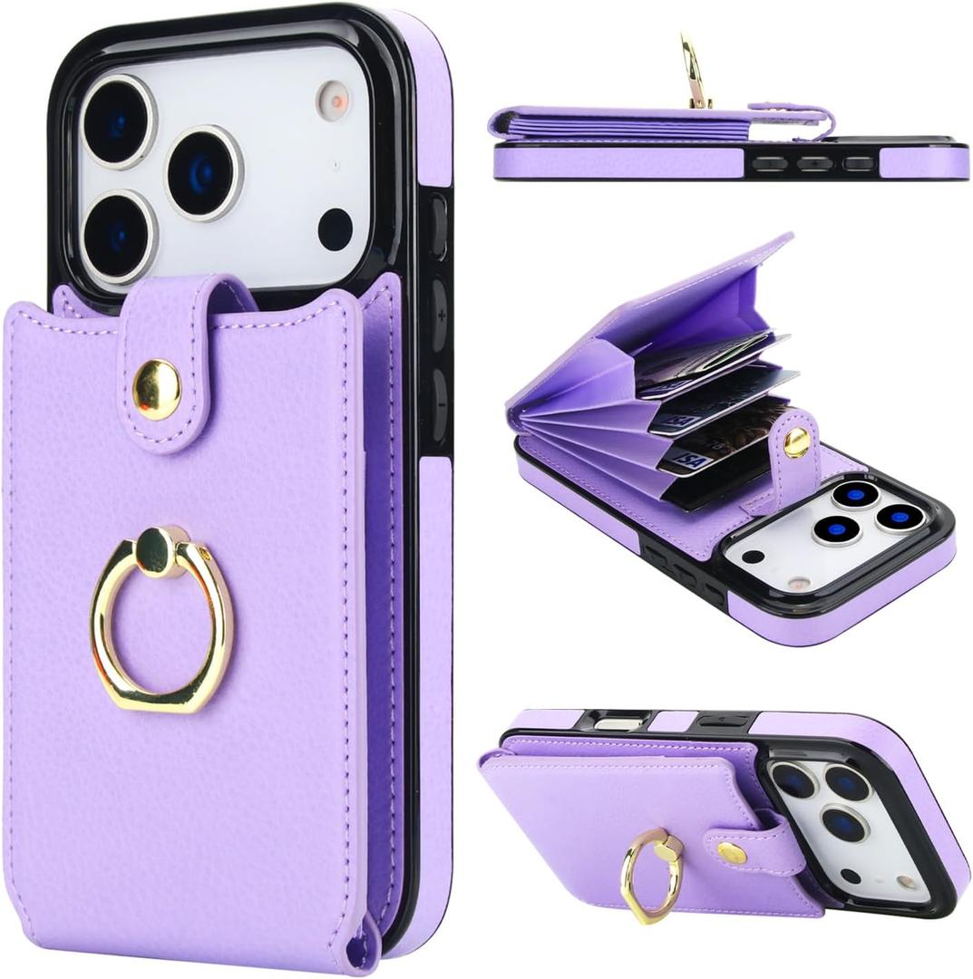 Folosu Compatible with iPhone 17 Pro Case Wallet with Card Holder, 360Rotation Finger Ring Holder Kickstand, RFID Blocking Leather Protective Double Buttons Shockproof Cover 6.3 Inch Purple