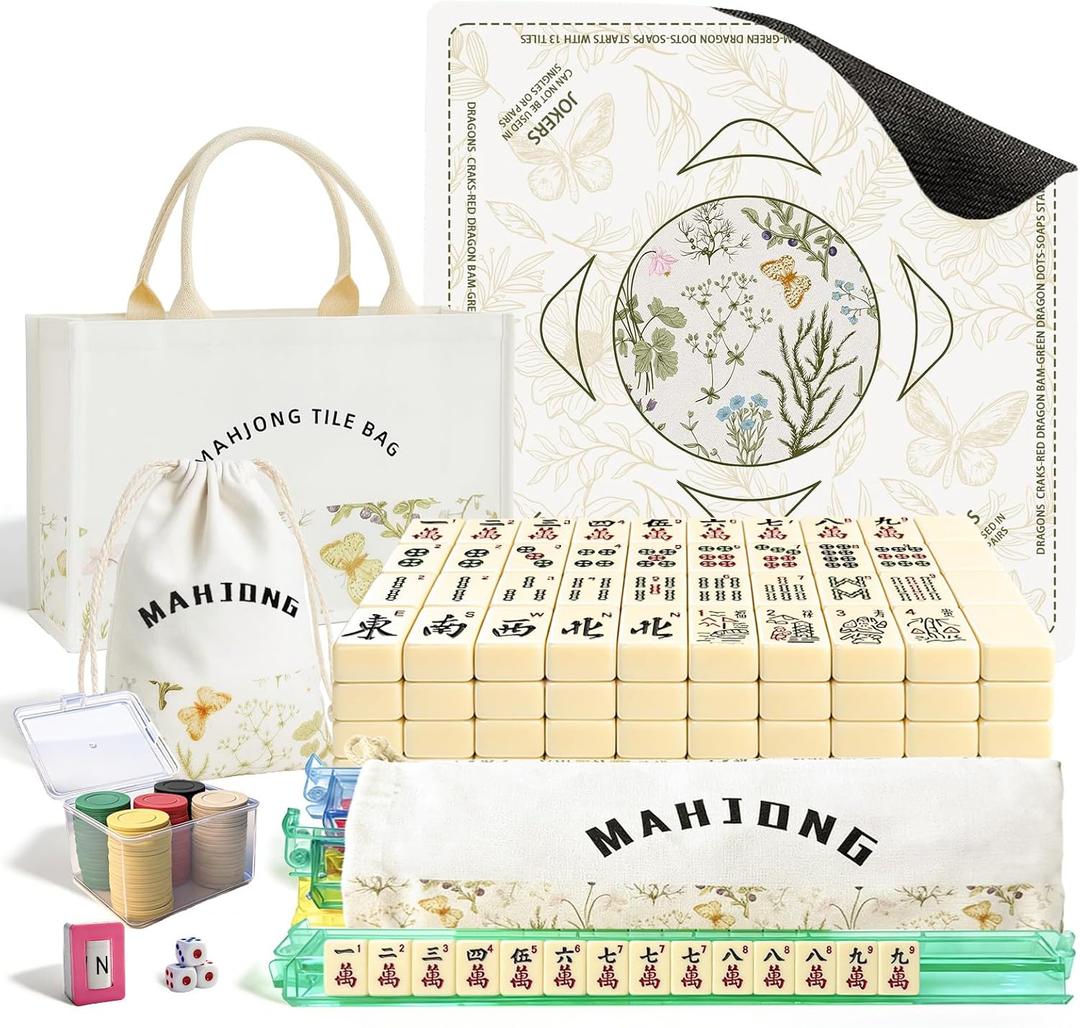 American Mahjong Tiles Set with Noise Reducing Mahjong Mat, 166 White Mahjong Game with Portable Storage Bags, 4 All-in-One Color Rack/Pushers, Scoring, Plastic Coins Dices for Adults & Beginners