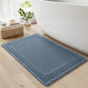 RESARE Waffle Bathroom Runner Rugs, Super Absorbent Bath Mat Non Slip Washable Quick Dry, Upgraded Ultra Soft Boho Bath Rugs with Tassels for Hallway Bedroom Laundry Room,20"x32" Blue