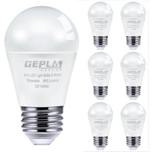 GEPLAD 6-Pack A15 Dimmable LED Light Bulbs, 5000K Daylight White, 800 Lumens, E26 Base, G45 Shape - Perfect for Refrigerator, Pendant Lights & Home Appliances, Energy Saving(60W Equivalent)