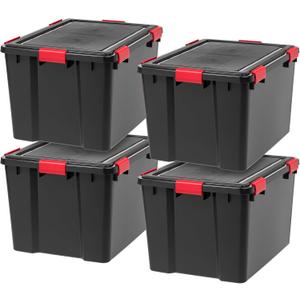 IRIS USA WeatherPro 74 Qt Storage Bins with Lids, 4 Pack, BPA-Free Plastic Gasket Box with Tight Latch and Seal, Stackable Nestable Tote Tub - Black/Red