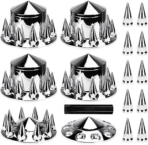 Youxmoto Chrome ABS Complete Axle Cover Set, 2 Front and 4 Rear with Hub Caps and 33mm Screw-On Spiked Lug Nut Covers for Semi Trucks