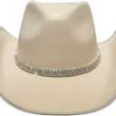 YOUBADU Faux Suede Felt Western Cowboy Hat for Women or Men, Wide Brim, Rivet Strap (Beige)
