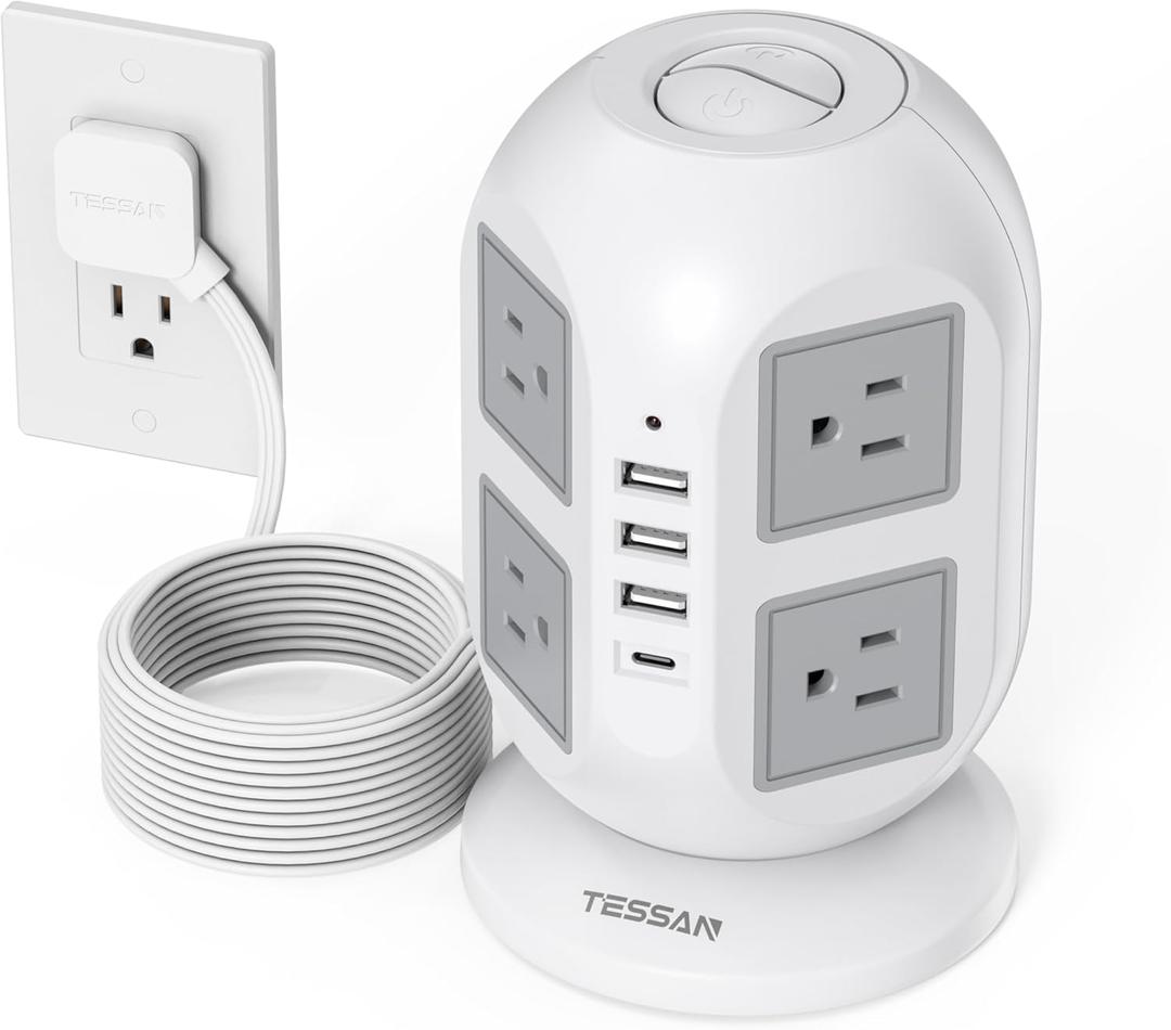 Tower Surge Protector Power Strip 10 ft, TESSAN Long Flat Extension Cord with Multiple Outlets, 8 AC Outlets with 4 USB Ports (1 USB C), Charging Station with Surge Protection, for Home Office Dorm (Grey)