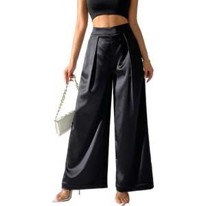 Women's Satin Wide Leg Palazzo Pants Plicated Silky Pull on Party Dress Casual Pant Trouser (Black, XS)