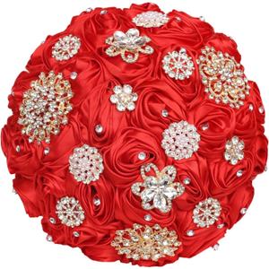Red Handmade Wedding Bridal Bouquet with Luxury Gold Rhinestone Brooch Satin Rose Flower Bouquet for Bride Bridesmaid Quinceanera Wedding Bouquet Red 7.5in (Medium (DIA. 7.5"/19cm))