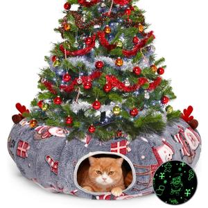 Cat Tunnel Christmas Tree Skirt, Cat Tunnel Bed, Cat Donut Tunnels Bed for Indoor Cats, with Washable Cushion, Hanging Toy Ball, Christmas Tree Protector & Decoration