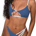 ZAFUL Women's Sexy Cutout Bikini Thong Bikini Set Tie Back Two Piece Swimsuit Bathing Suit (2-blue&white)