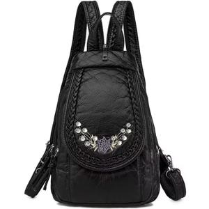 Mini Backpack for Women, Soft Washed PU Leather Small Backpack Purse for Women, Waterproof Fashion Shoulder Bag, Ladies Travel Black Rucksack Handbags Bags with Beautiful Flower Pattern