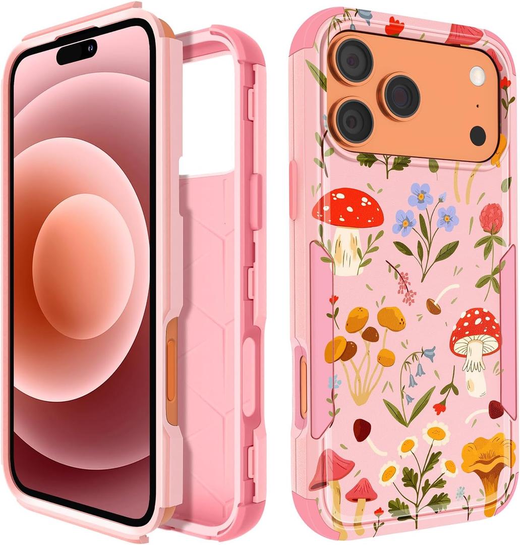 for iPhone 17 Pro Case for Women - Cute Girls Girly Phone Cover Cool Aesthetic Unique Design Teen Mushroom Flower Heavy Duty Protective Shockproof Military Grade Funda for iPhone 17 Pro