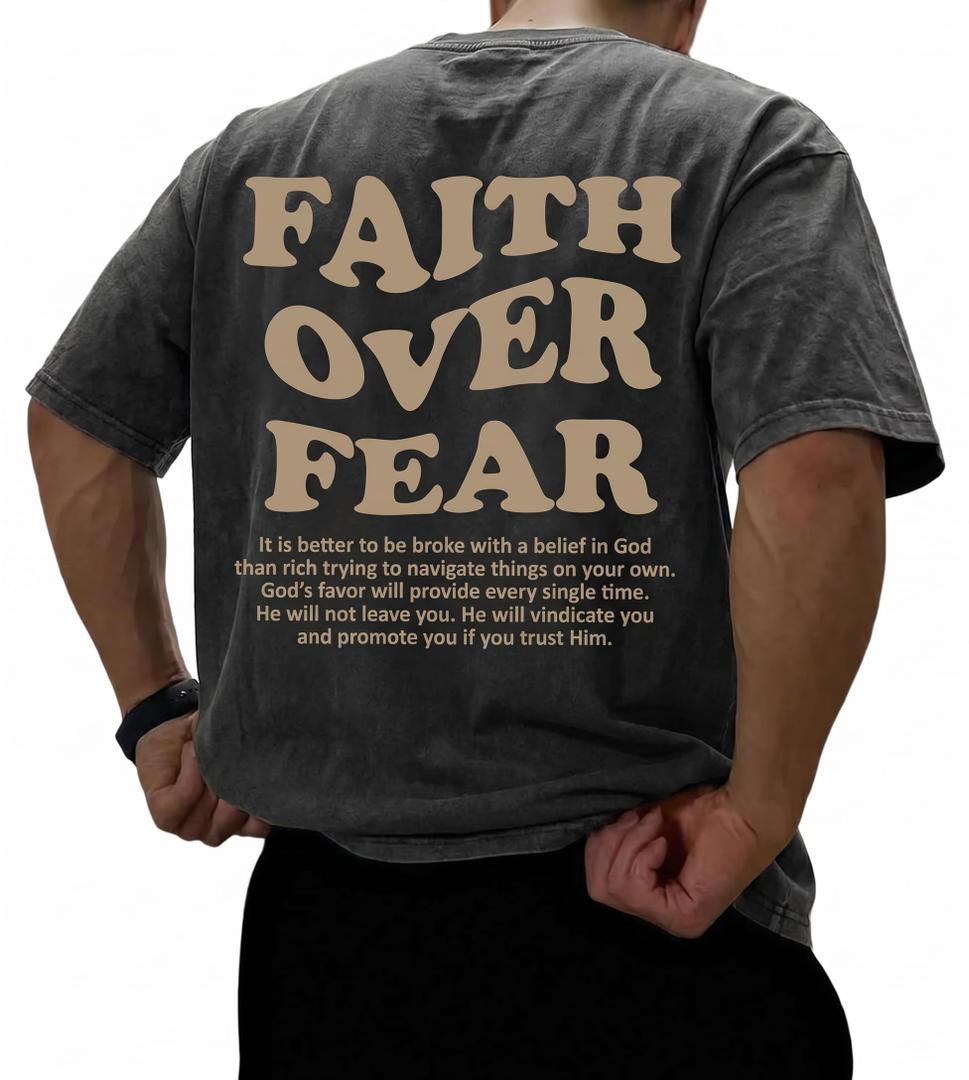 QJQ Men's Letter Graphic Tees Short Sleeve Crewneck T Shirts Faith Over Fear Baggy Streetwear Tops Black X-Large (XL)