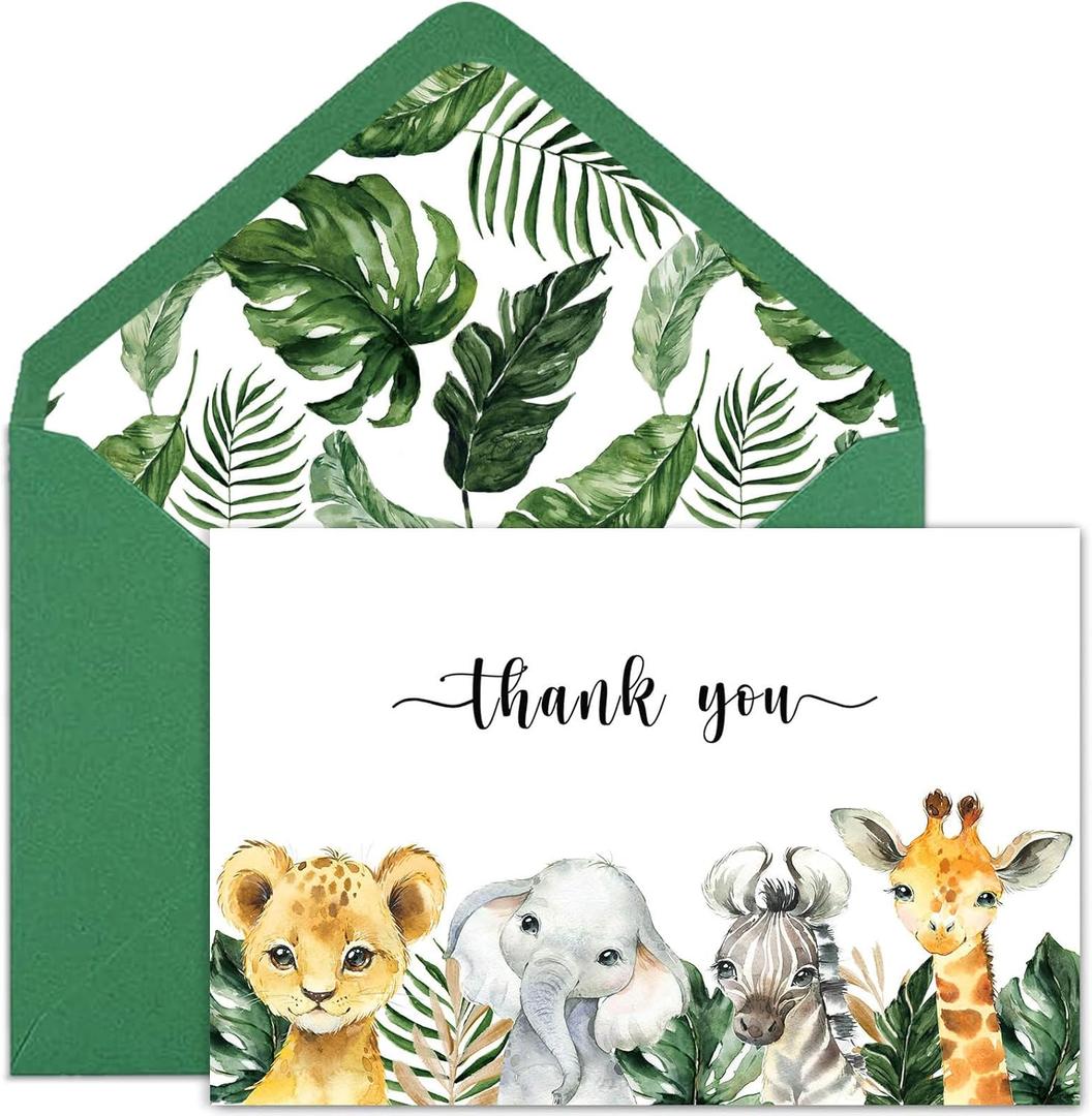 Safari Jungle Thank You Cards With Envelopes, 50 Jungle Animals Folded Baby Shower Thank You Note, 4 x 6 Wild one Notecards, Perfect for Baby Shower & Kids Birthday
