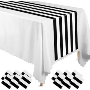 Peryiter 12 Pcs Black and White Striped Table Runner 14 x 108'' Plastic Striped Table Runner Disposable Elegant Classic Decoration for Halloween Wedding Dinner Banquet Birthday Party Supplies