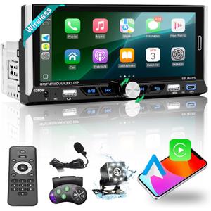 6.9" Wireless Apple CarPlay Android Auto Single Din Car Stereo, HD IPS 1280480 Touchscreen Radio, Bluetooth 5.0, FM Radio, Night Vision Weatherproof Backup Camera, USB, AUX(Extra MIC), Type-C