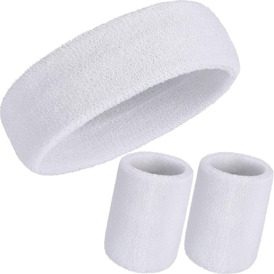 WILLBOND 3 Pcs Sweatbands Set 80s 90s Neon Sports Headband Tennis Striped Sweat Band Sports Competitions Games for Men Women Party Supplies (White)