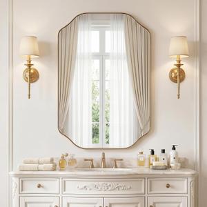 Brushed Gold Mirror, 24x36 Inch Bathroom Wall Asymmetrical Mirror, Irregular Vanity Mirrors with Stainless Steel Frame Modern Scalloped Round Corner 0.8" Deep Wall-Mounted Vertically/Horizontally