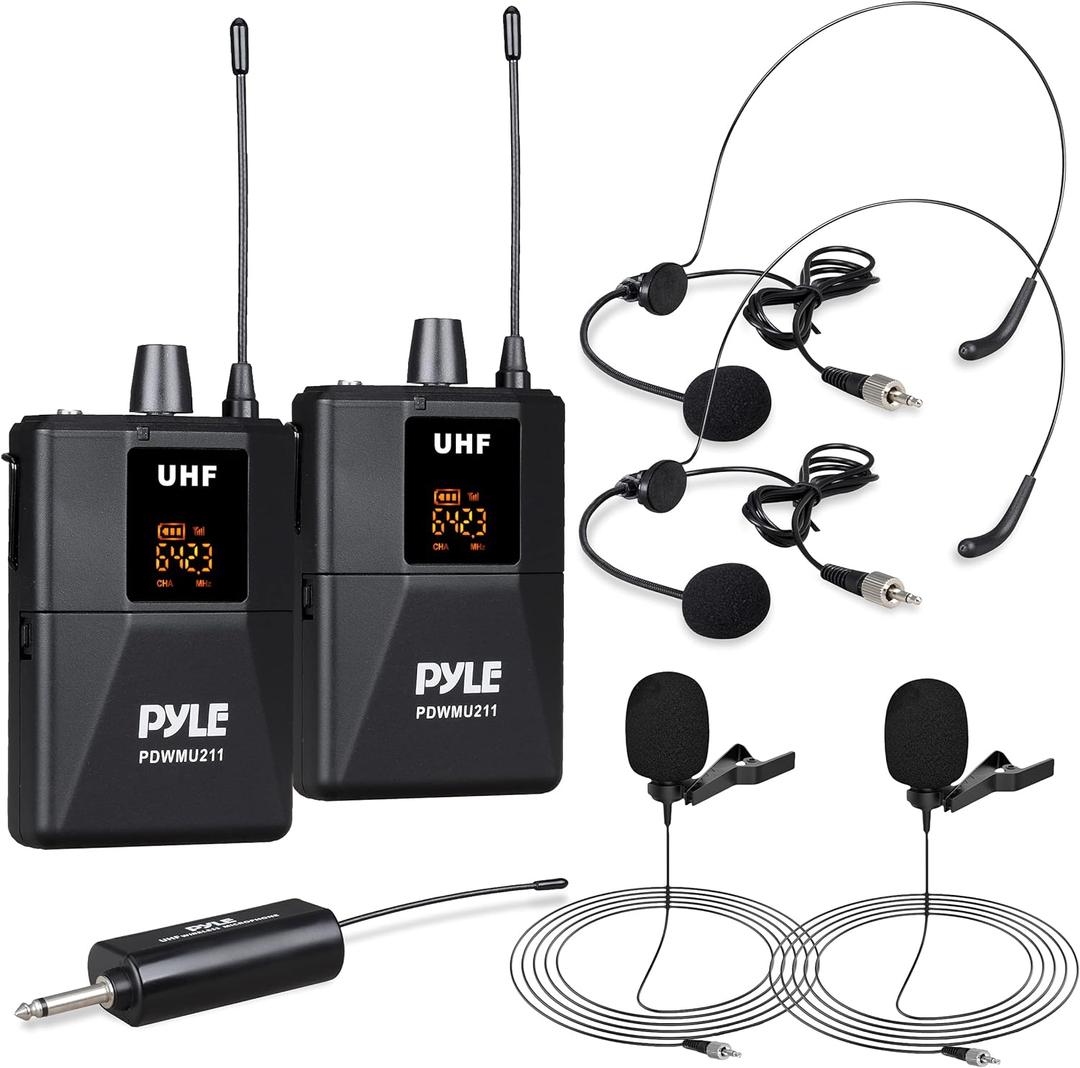 Pyle Dual UHF Microphone System - Portable Professional Cordless Microphone Set Wireless Mic Kit w/Headset / Lavalier Mic, Beltpack Transmitter, Receiver - Karaoke & Conference - Pyle PDWMU211,Black