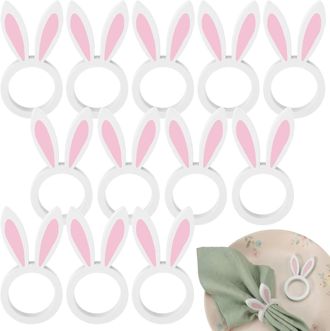 Chengu 12 Pcs Pink White Easter Bunny Napkin Rings Wooden Bunnys Napkin Rings Handmade Rabbit Dinner Paper Holders for Easter Spring Party Banquet Dinning Table Decoration (Rabbit)