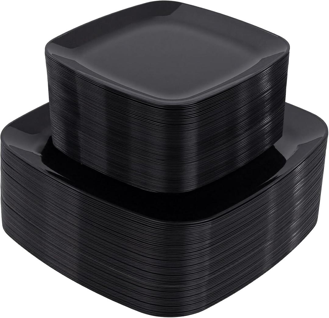 PULOTE 100 PCS Black Square Plastic Plates Disposable - Include 50 Each (10" Dinner & 7.25" Dessert) Plates - Ideal for Party & Graduation