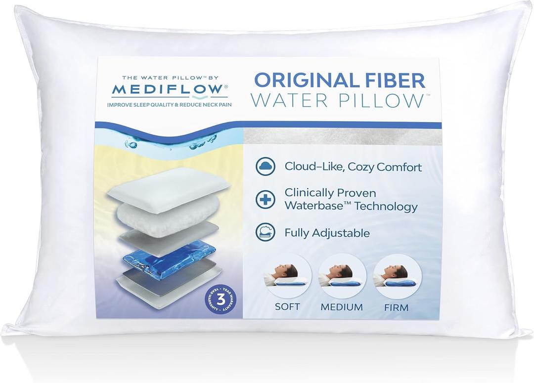 Mediflow Fiber: The First & Original Water Pillow, clinically Proven to Reduce Neck Pain & Improve Sleep. Therapeutic, Ideal for People Looking for Proper Neck Support (Single Pack)