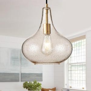 Handcrafted 11-Inch Mid-Century Modern Brass Gold Pendant Light with Seeded Glass Shade - Elegant Dining Room Pendant Light