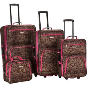 Rockland Fashion Softside 4 Piece Luggage Set, Expandable, (14" Tote/19"/24"/28"), Pink Leopard