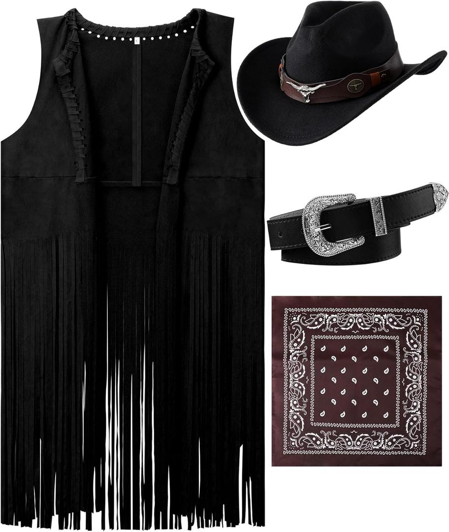 Hercicy Western Outfits for Women Cowgirl Costume Accessories Cowboy Hat Tassel Vest Cowboy Belt and Bandana 70s Hippie (Large, Black)