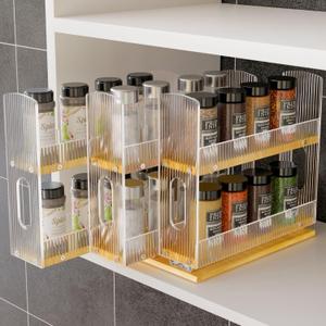 NiHome Bamboo Pull-Out Spice Rack Organizer for Cabinet, 3-Drawer Vertical Slide Out Seasoning Rack Storage Shelf for Kitchen Pantry, Bamboo Frame with Wave-Pattern Acrylic Divider (8.5” Wide, 2-Tier)