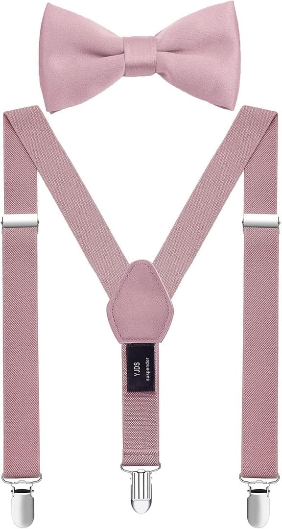 Mens' Boys' Suspenders and Bow Tie Set Adjustable Elastic (L: 39'' (about 8-15 yrs), Blush Pink)
