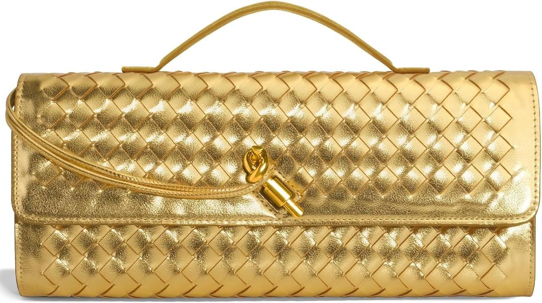 Woven Clutch Purses for Women, Leather Evening Bag Shoulder Handbag Formal Satchel Crossbody Purse Party Bag, Gold
