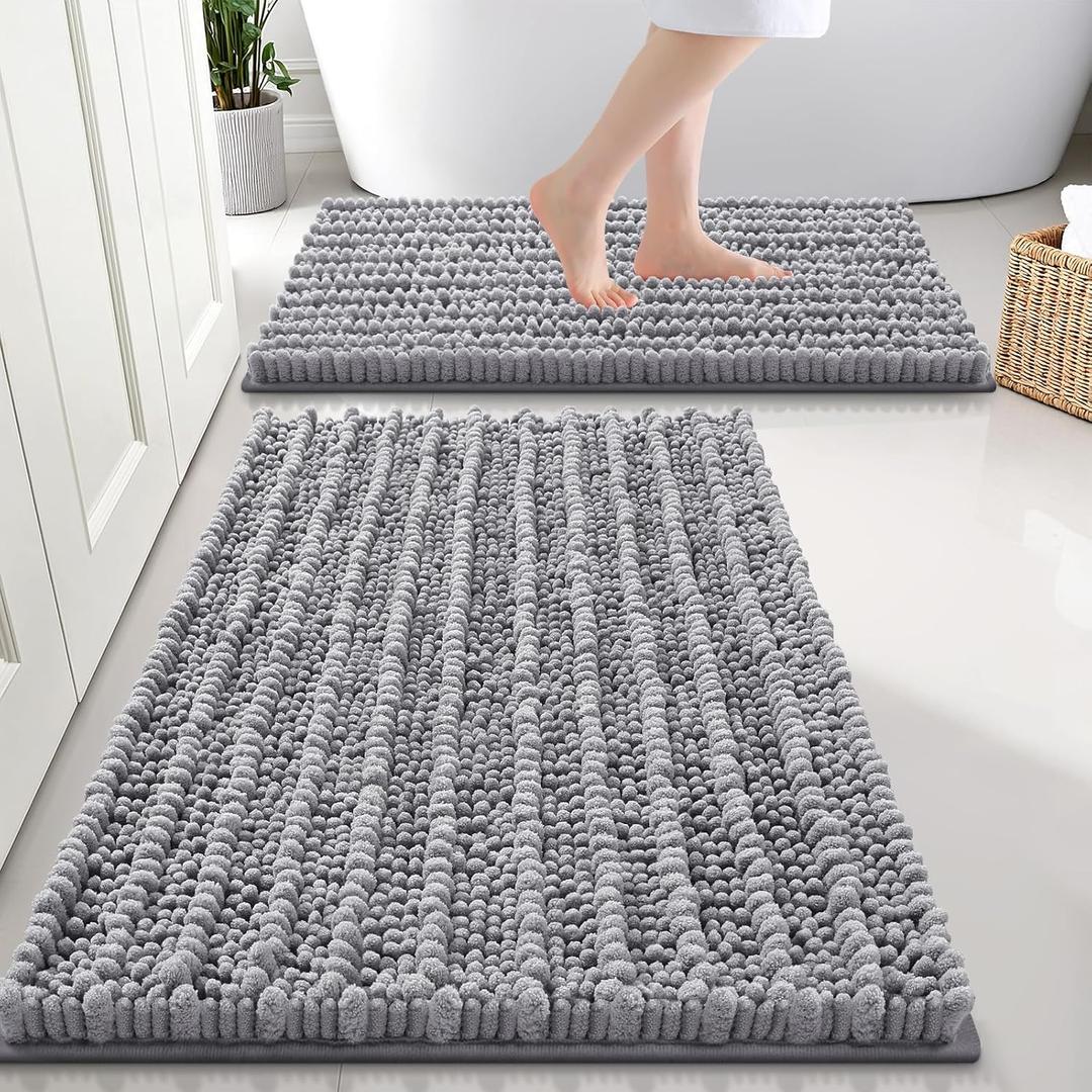 Smiry Bathroom Rugs Sets 2 Piece, Soft Absorbent, Non Slip Rubber Backing Machine Washable Quick Dry Chenille Bath Rug Set for Tub, Shower, and Floor (30" x 20" Plus 24" x 16", Grey)