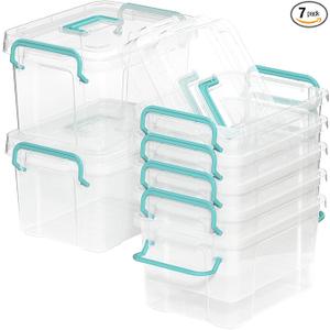 7 Pack Small Storage Bins Plastic Storage Container Stackable Box with Lids,with Handle Clear Plastic Container for Suitable for storing snacks, tools, cosmetics, toys