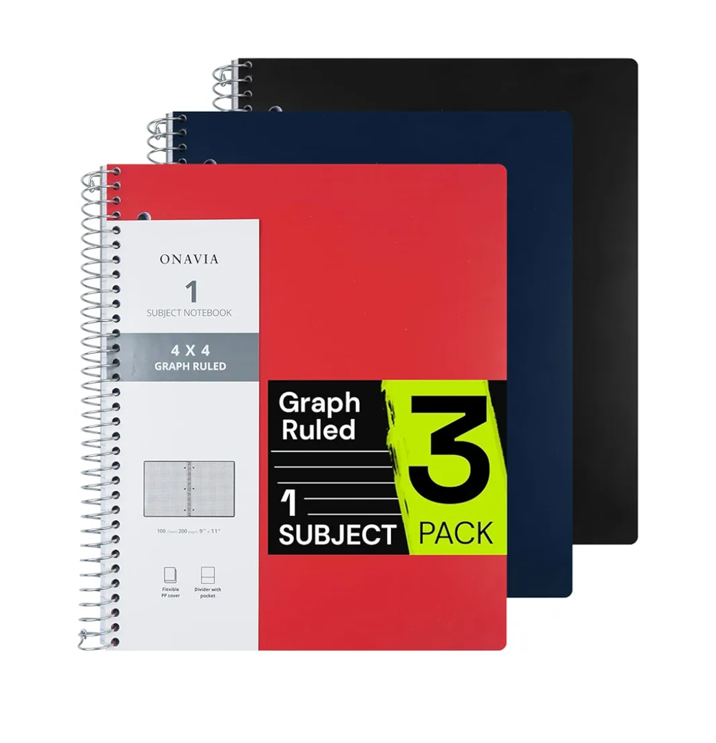 Spiral Notebook for School 3 Pack, 1 Subject, 4x4 Graph Ruled Paper, 100 Sheets, 9" x 11", 1 Divider with Pocket, 3 Hole Punched, Plastic Cover, 1/4" Grid Note Book Bulk, Assorted Colors