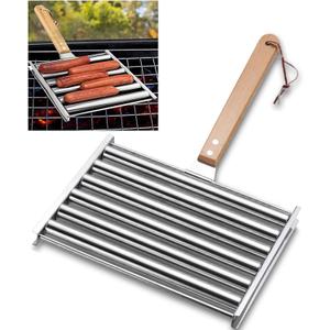9.5 Inch Long Hot Dog Roller for bbq Grill, Evenly Cook Sausage Roller Rack Stainless Steel Corn grill with Detachable Wooden Handle for Outdoor Cooking and Barbecue