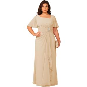 V Neck Champagne Chiffon Mother of The Bride Dresses with Sleeves Plus Size A Line Floor Length Formal Evening Dress for Women Size 22W