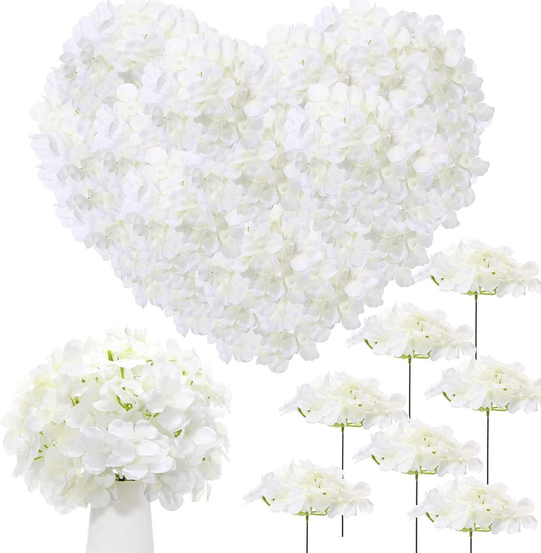 Zeyune 200 Pcs Hydrangea Artificial Flowers, Silk Flower Heads with Stems, Fake Hydrangea Bouquet for Wedding Arch Centerpiece DIY Floral Home Decoration (White)
