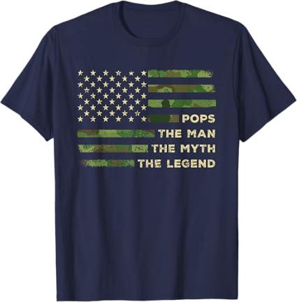 Pops The Man The Myth The Legend Camo US Flag Father's day T-Shirt (Navy Blue) L