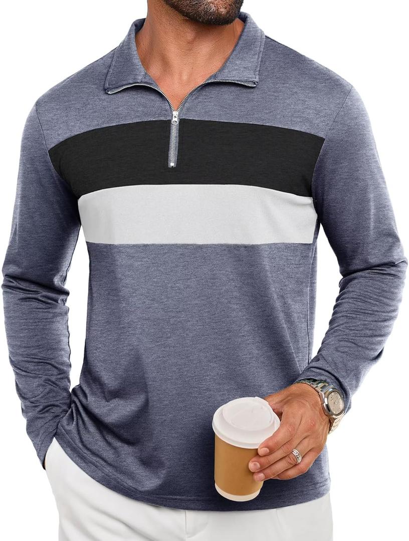 Mens Quarter Zip Polo Shirt Long Sleeve Color Block T Shirts for Men Lightweight Casual Striped Golf Polos (Medium, Grey)