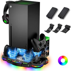 Cooling Fan with Charging Station for Xbox Series X Console and Controller - Vertical 15 RGB Modes Cooler Stand System, Low-Noise, Effectively Reduce Console Temperature and Quickly Charge Controller