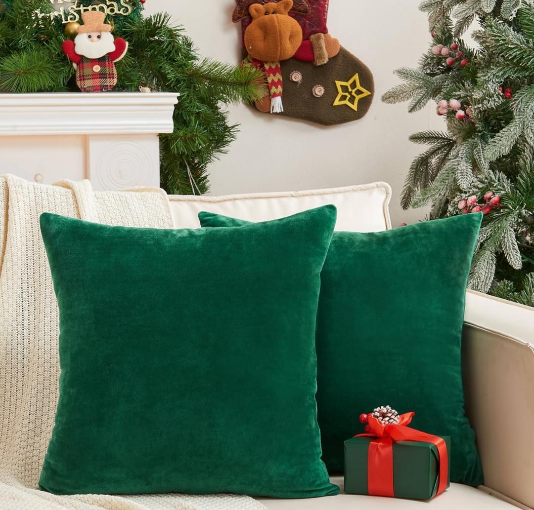 GriNeed Pack of 2 Christmas Green Pillow Covers 18x18 Inch Decorative Throw Pillow Cover, Velvet Emerald Pillowcases for Couch Sofa Bed, Home Boho Decor, Modern Soft Cushion Covers