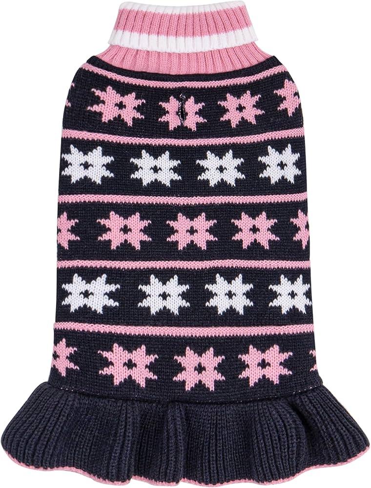 KYEESE Dog Sweater Warm Dog Clothes Fall Winter Pet Coats for Girl Puppy Sweater Dress with Leash Hole for Small Dogs Knit Turtleneck Pullover with Snow Flake Pattern, Girl Navyblue, Size: 2XL