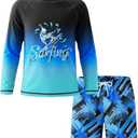 Boys Two Piece Rash Guard Swimsuits Set Kids Long Sleeve Shirt with Swim Trunks Bathing Suit Shorts Swimwear Set 7Years